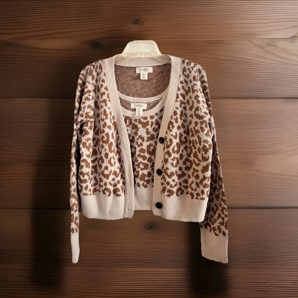 Jessica Simpson Women’s Cheetah Print Cropped Sweater/ Tank Twin Set Size Large - Picture 1 of 14